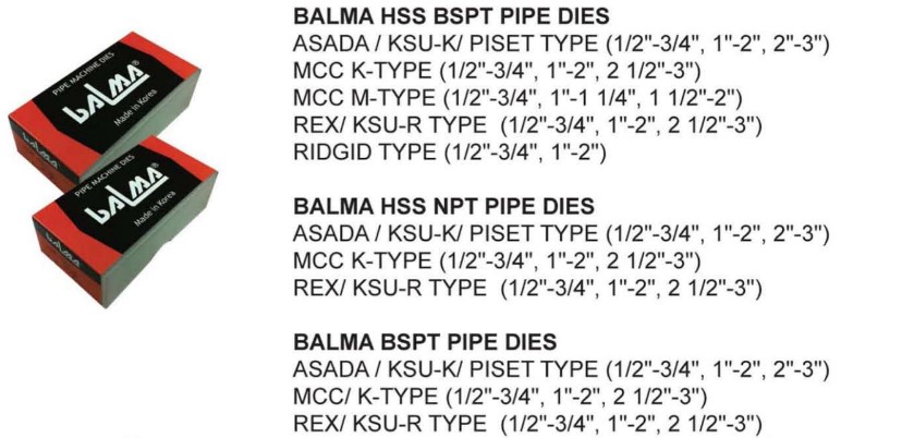 Balma Pipe Threading Machine Dies(BSPT/HSS/NPT)